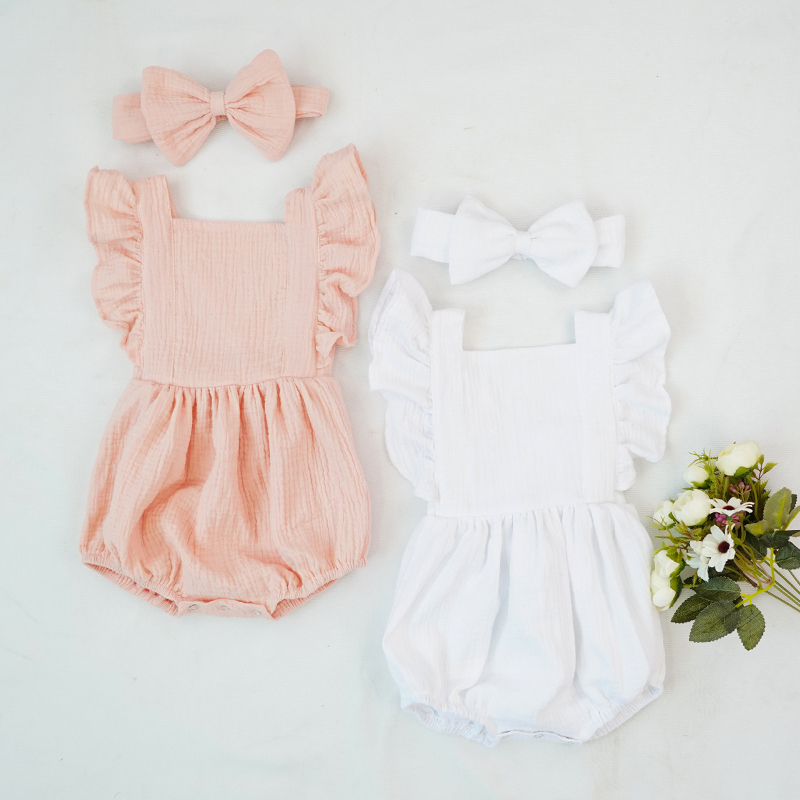 Baby Girls Romper Clothes Sleeveless Cotton Bloomer Cute Fly Sleeve Backless Jumpsuit Newborn Infant Outfit One Bowknot Headband 201027