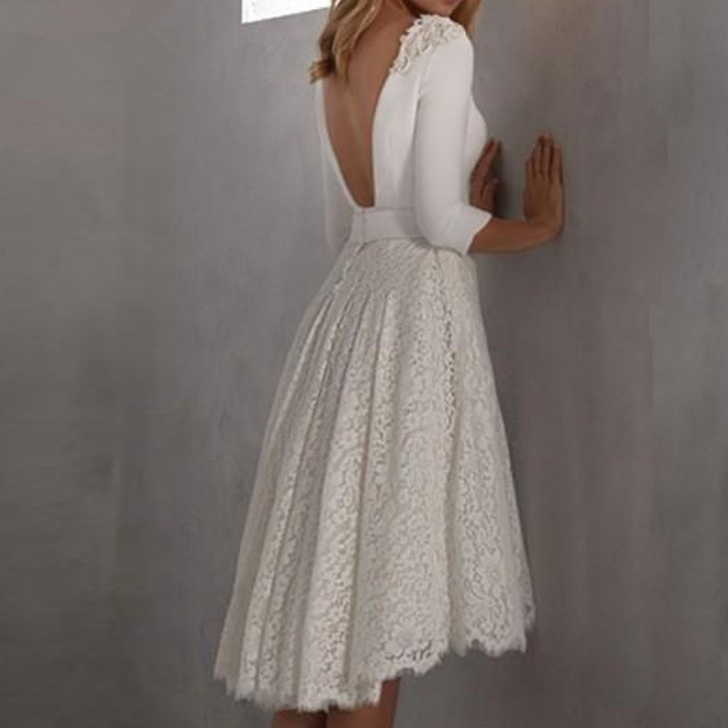 2022 wedding dress new vestidos de novia backless v-neck lace satin applique 3/4 sleeves high low tea length robes de mariage