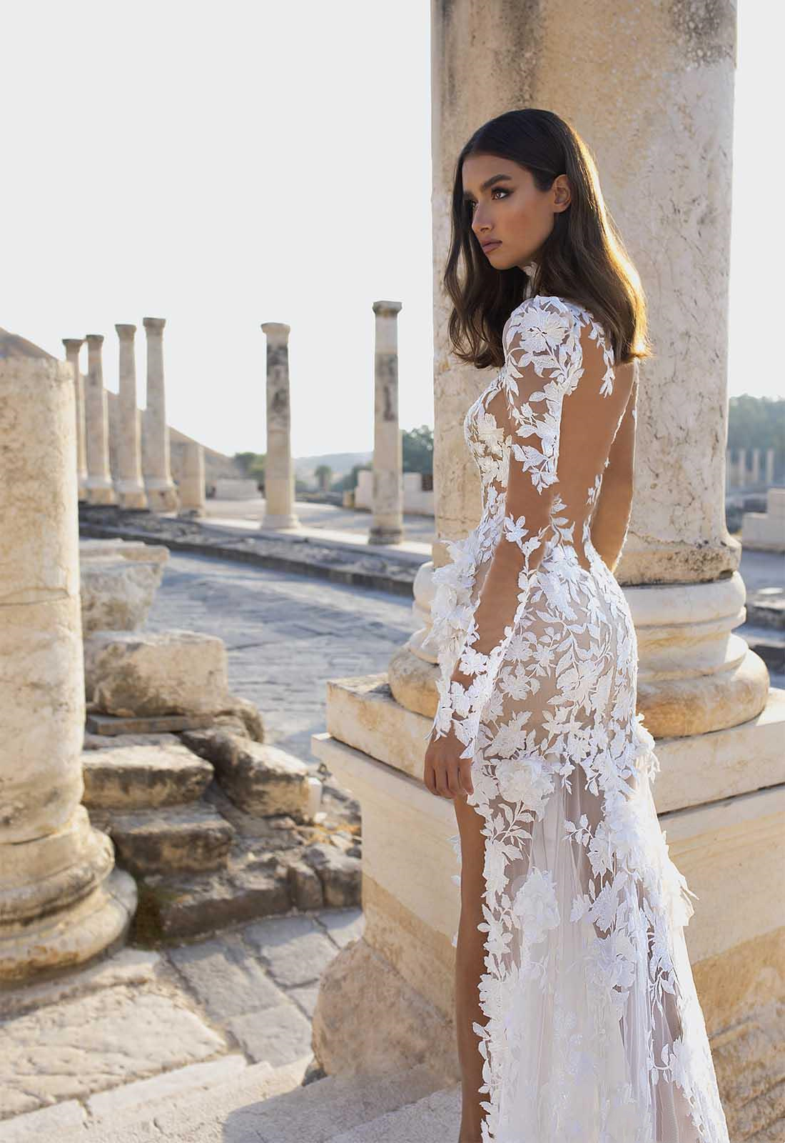 Romantic Floral Lace Beach Wedding Dress Mermaid Long Sleeve Bridal Gowns Sexy Side High Split Illusion Boho Bride Dresses 2022 Vestido De Novia Robe