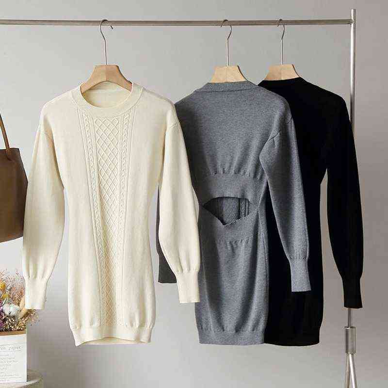 Autumn Sexy Slim Open Waist Pullover O Neck Twist Knitted Dres Mini Wild Long Sleeve Sweaters Vestido De Mujer Casual 211221