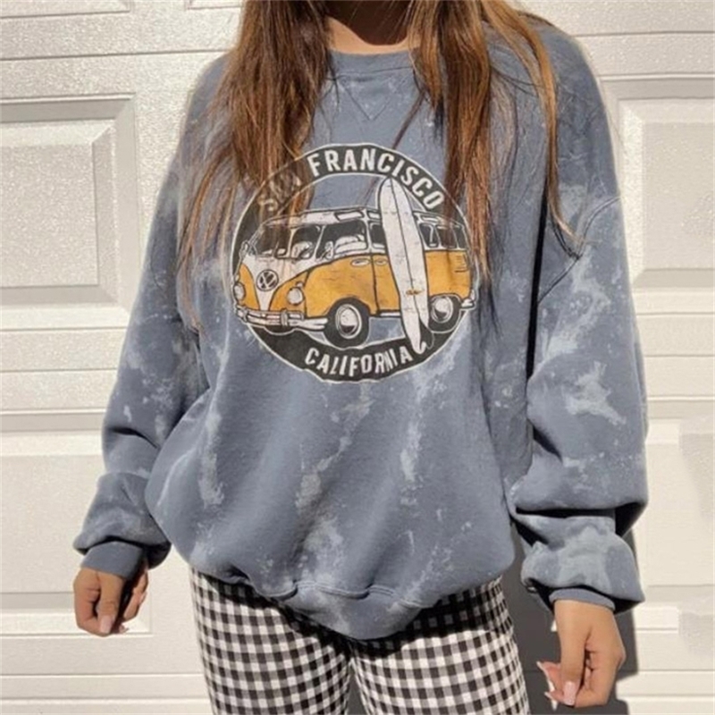 Autumn Women's Hoodies Vintage Car Print Oversize Long Sleeves Loose Streetwear Female Sweatshirts Hooded Pullovers Fashion 201212
