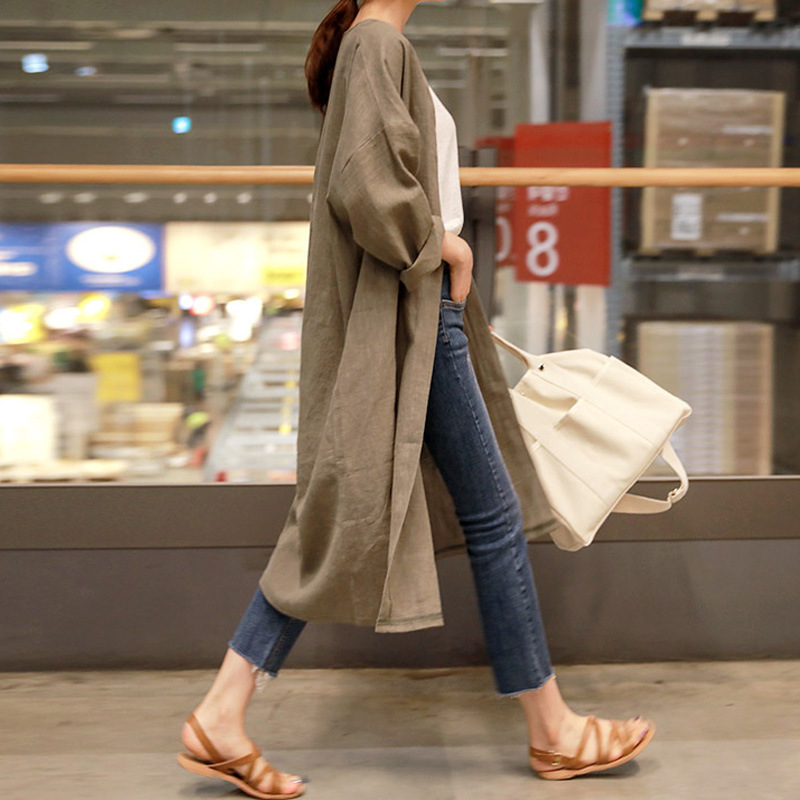 Johnature Summer New Solid Color Linen Long Sunscreen Cardigan Trench Casual All Match Loose Full Sleeve Women Coats 201102