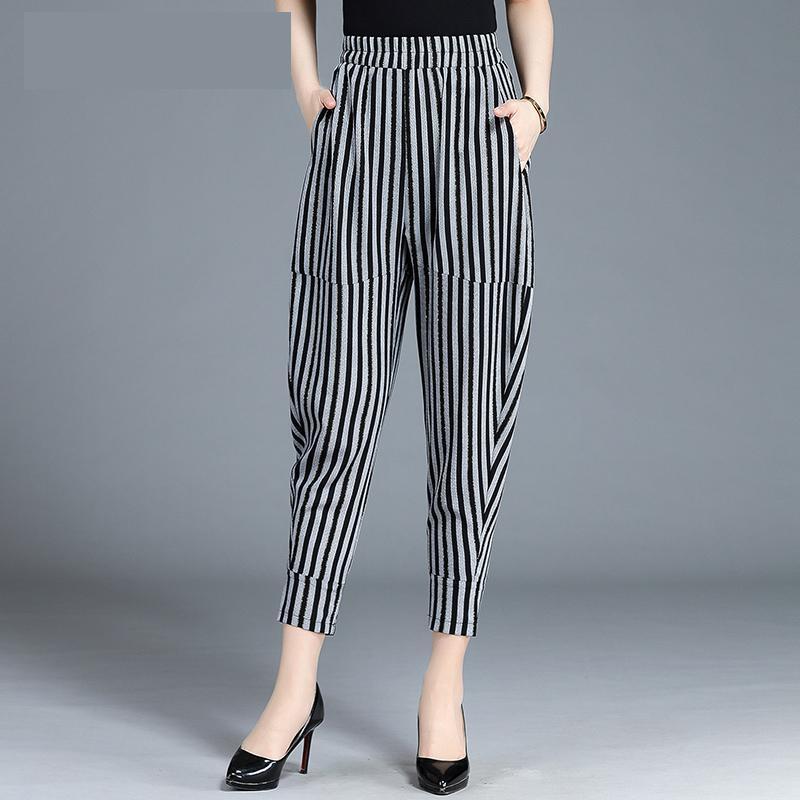 New High Quality Striped Women Harun Spring Summer Loose Casual Lanterns Elastic Waist High Banana Radish Pants Plus Size S-4XL T200422