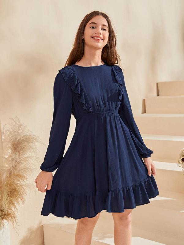 Teen Girls Ruffle Trim Smock Dress SHE