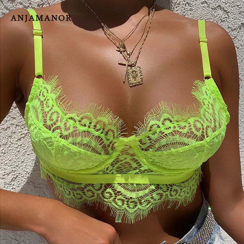 

ANJAMANOR Neon Lace Sexy Bralette Crop Tops Underwear Women Rave Festival Clubwear Body Con Bustier Cami Tank Top D56-G69 Y200701, Pink