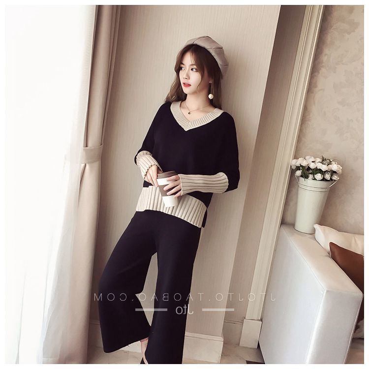Suit female temperament of autumn outfit new web celebrity fashion knitting coat wide-legged pants goddess brim two suits 201119