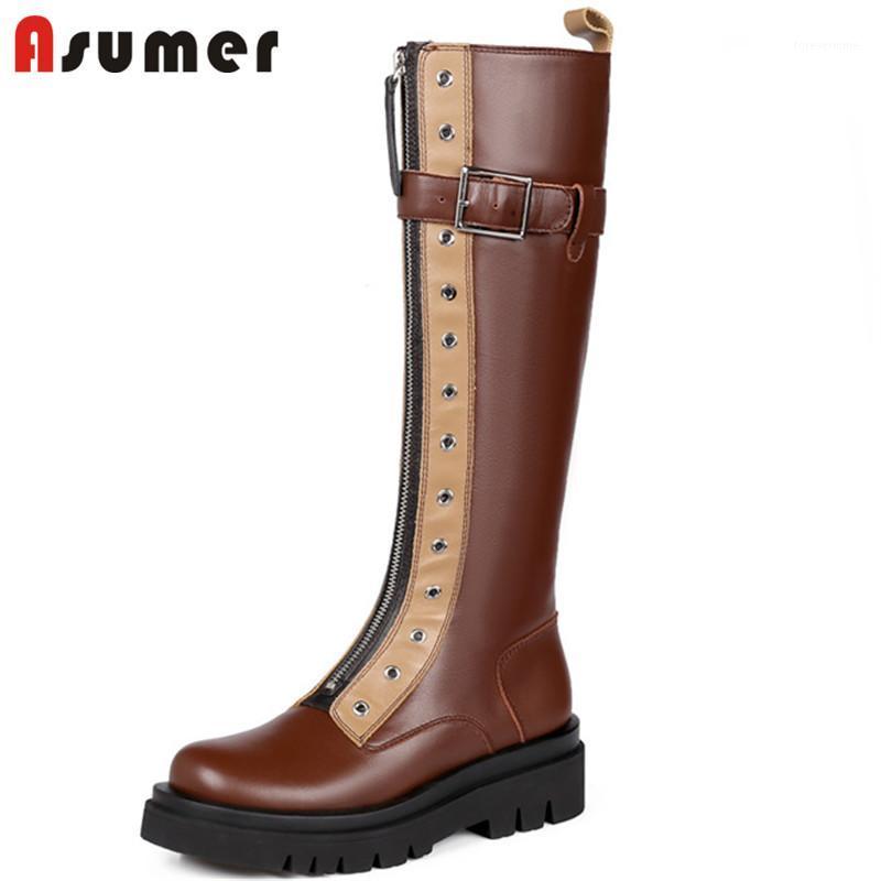 Asumer 2021 Genuine Leather Shoes Women Riding Boots Mixed Colors Buckle Zip Thick Bottom Casual Shoes Women Knee High Boots1, Brown 
Asumer 2021 Genuine Leather Shoes Women Riding Boots Mixed Colors Buckle Zip Thick Bottom Casual Shoes Women Knee High Boots1, Brown