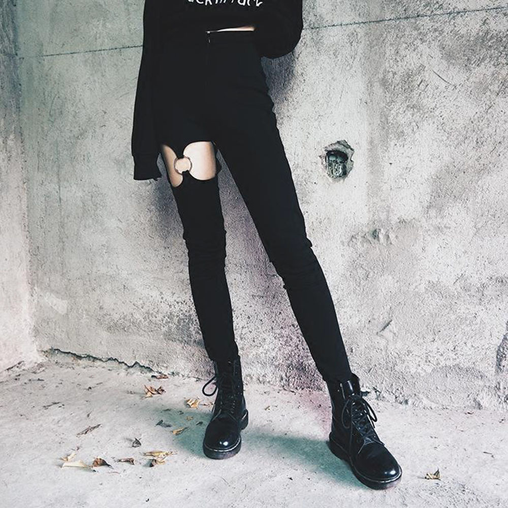 Rosetic Gothic Pants Hollow Out Pentagram Black Leggings Women Pencil Pants Slim Thin High Waist Zipper Plain Cool Sexy Pants 201228