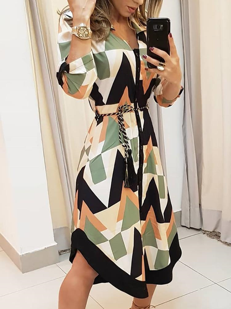 Summer Women Elegant Vacation Stylish Leisure Dress Female Slimming Colorblocked Geo Print Asymmetrical Casual Dress T200107