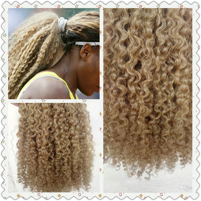 Brazilian Blonde Clips in Ponytail Extension drawstring deep curly Hair for black Women 14" Pale Natural Gold-Blonde