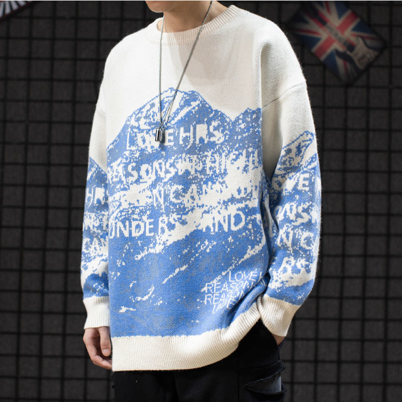 LINDSEY SEADER Sweaters Men Snow Mountain Pullover Knitted Sweaters Harajuku Casual Knitwear Jumper Tops Hip Hop Streetwear 201224