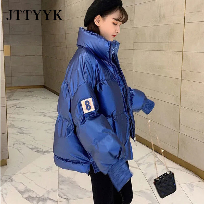 2020 New Winter Short Parka Loose Candy Color Glossy Down Coat Jacket Women Korean Sweet Stand Collar White Duck Down Overcoat T200810