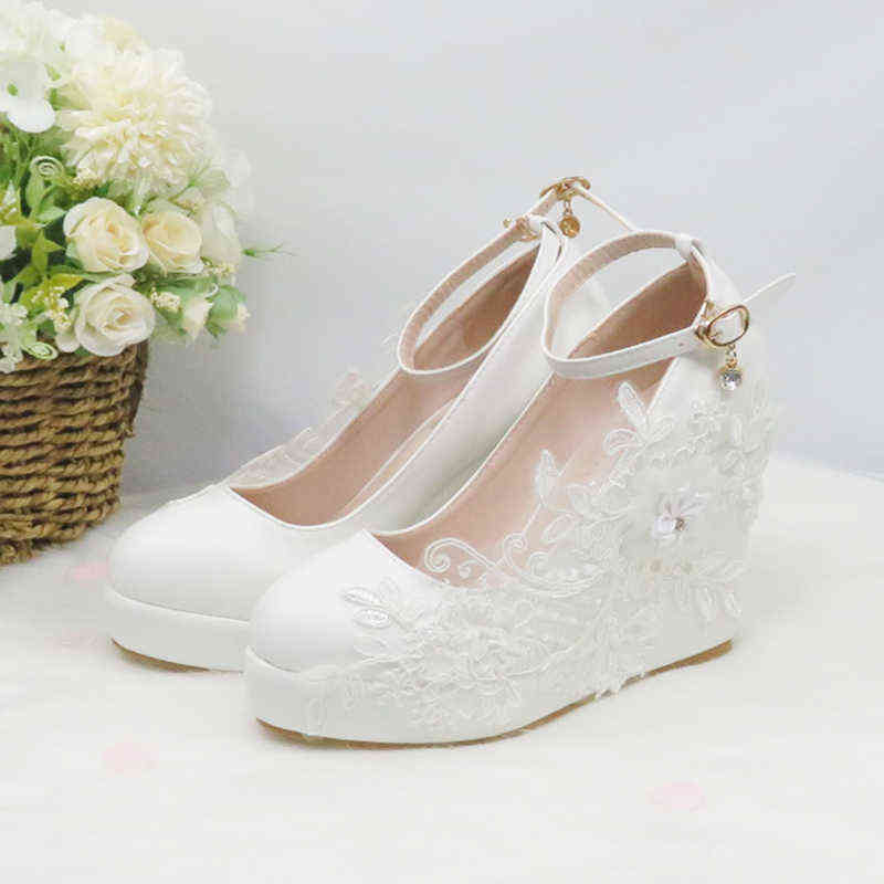 BaoYaFang White Flower Pumps arrival womens wedding shoes Bride High heels platform shoes for woman ladies party dress shoes 220114