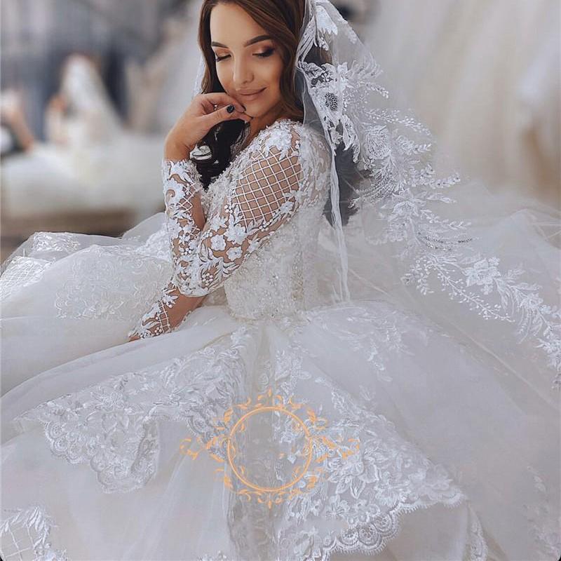 Gorgeous Lace applique Ball Gown Wedding Dresses Long Sleeve V-neck Ruffle Layers Chapel Train Bridal Dress Vestidos De Novia
