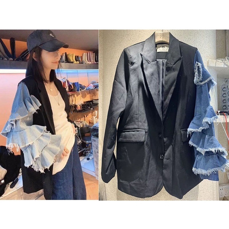 [EWQ] Autumn Ladies Fashion Blazer Denim Patchwork Long Ruffled Sleeve Loose Single Breasted Suit Coat Women Suits Outwear 201114