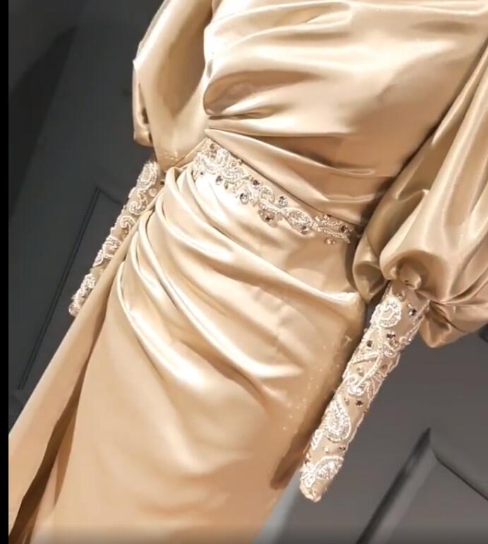 Aso Ebi 2020 Arabic Gold Lace Crystals Evening Dresses Long Sleeves Prom Dresses Sheath Formal Party Second Reception Gowns ZJ955
