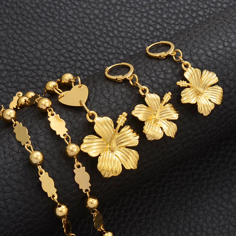 Anniyo Hawaiian Flower Jewelry Sets Pendant Necklaces Earrings Women Girls Gold Color Micronesia Guam Chuuk Kwajalein #213106 201222