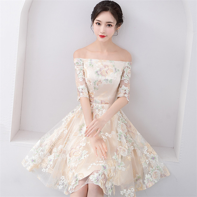 Party Dress Women Champagne XS2XL Plus Size A Line Mini Dresses New Spring Summer Floral Elegant Slim Dress Vestido LD1042 T200113