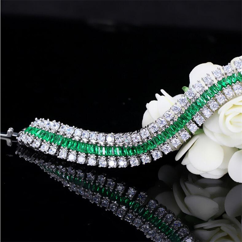 Sparkling New Arrival Top Sell Luxury Jewelry 925 Sterling Silver Emerald CZ Diamond 3 Rows Gemstones Women Wedding Bracelet For Lover Gift