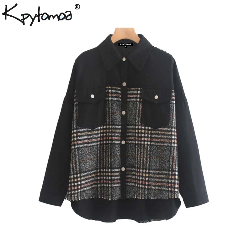 Vintage Stylish Plaid Patchwork Pockets Oversized Jacket Coat Women Fashion Long Sleeve Loose Ladies Outerwear Chic Tops T200212
