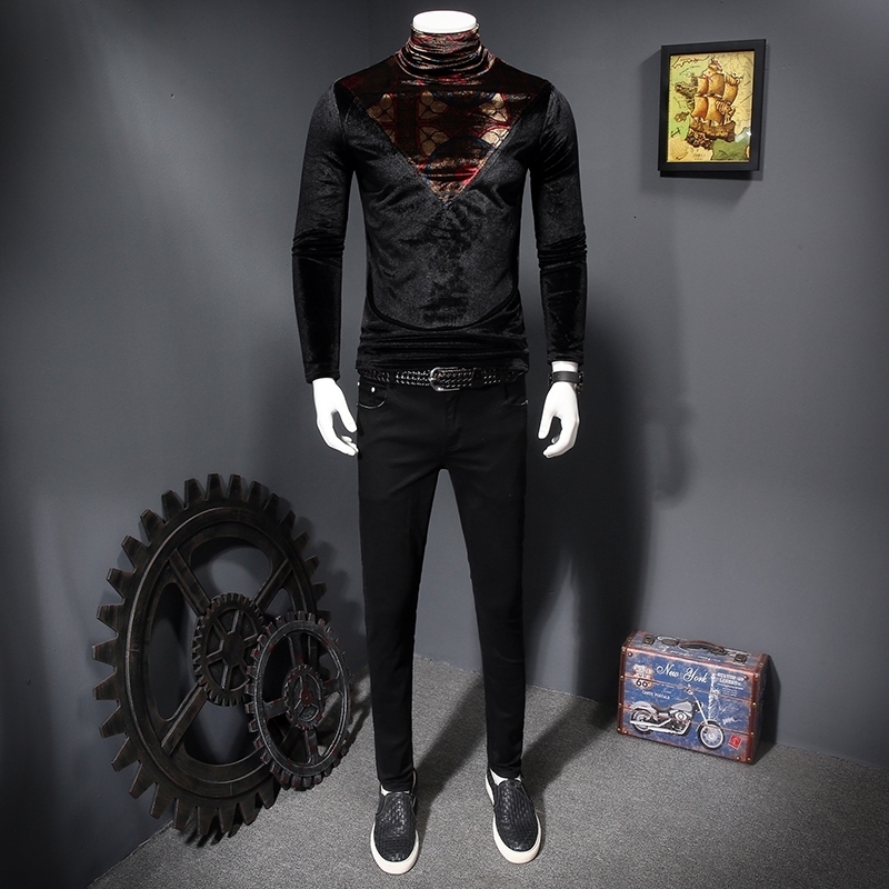 Autumn Winter Velvet Tops Male Slim Fit Turtleneck T-Shirts Long Sleeve Tee M-4XL Royal T Shirt Men 201202