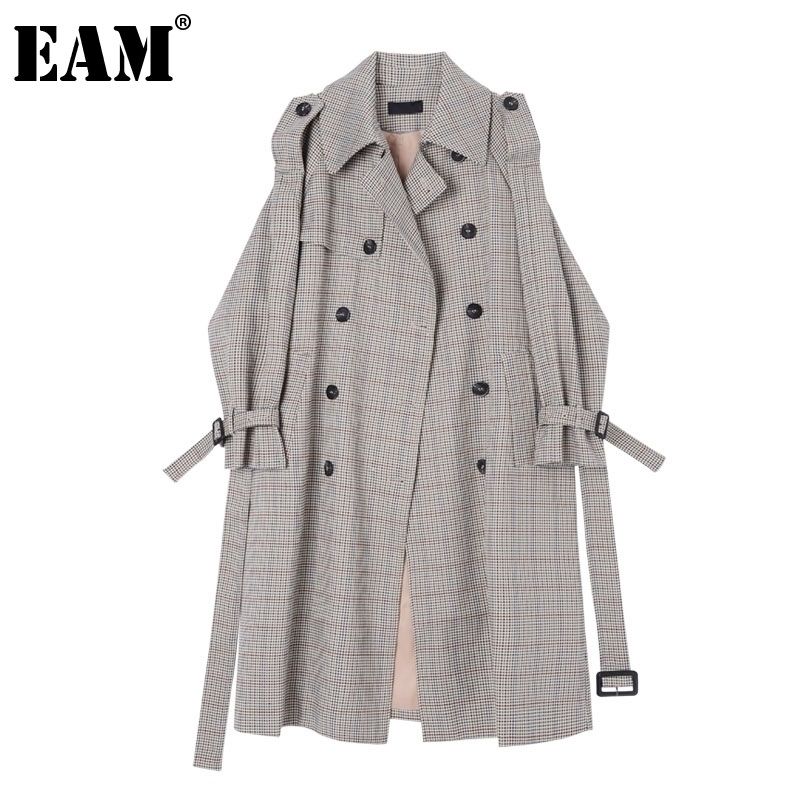 [EAM] Women Gray Plaid Stitch Big Size Long Trench New Lapel Long Sleeve Loose Fit Windbreaker Fashion Spring Autumn 1Z475 201102