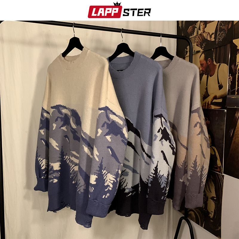 LAPPSTER Japanese Streetwear Men Tie Dye Wool Sweater Autumn Pullover Mens Hip Hop Knitted Sweaters Couple Vintage Sweaters 201221