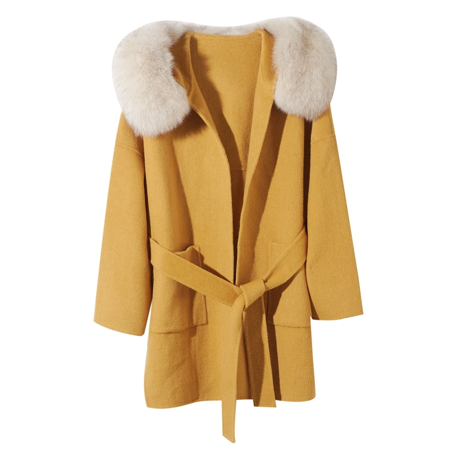 QIUCHEN PJ New arrival high quality cashmere women jacket real fur real fox fur collar Fashion model 201222