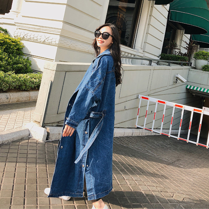 Lapel Women Loose Denim Trench Windbreaker Vintage Long Sleeve Overcoat Winter Autumn Bandage Coat mujer abrigos f1485 T200805
