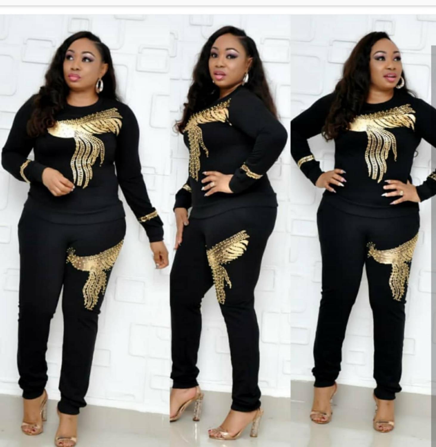 Gold Peacock Sequins Black 2 Piece Set Casual Women O Neck Pullover TShirt Top Elastic Waist Pencil Trousers Femme Tracksuit T200618