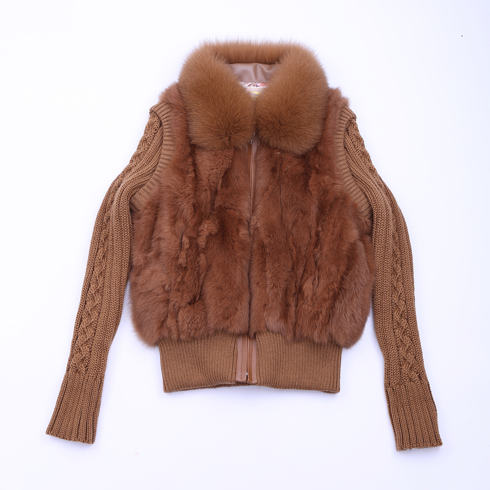 Women's Genuine Real Rabbit Fur Fox Fur Collar Knitting Sleeve Women's Winter Coat Fur Jacket Casual Short Outwear Slim 201031