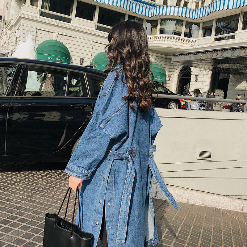 Lapel Women Loose Denim Trench Windbreaker Vintage Long Sleeve Overcoat Winter Autumn Bandage Coat mujer abrigos f1485 T200805