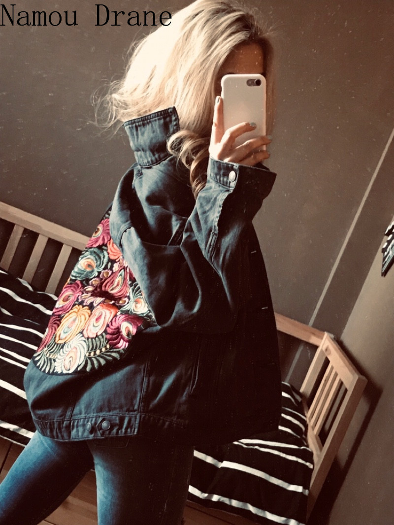 Oversized multi floral Embroidered Denim Jacket outwear bohemian casual chic jacket coat women winter coat 201023