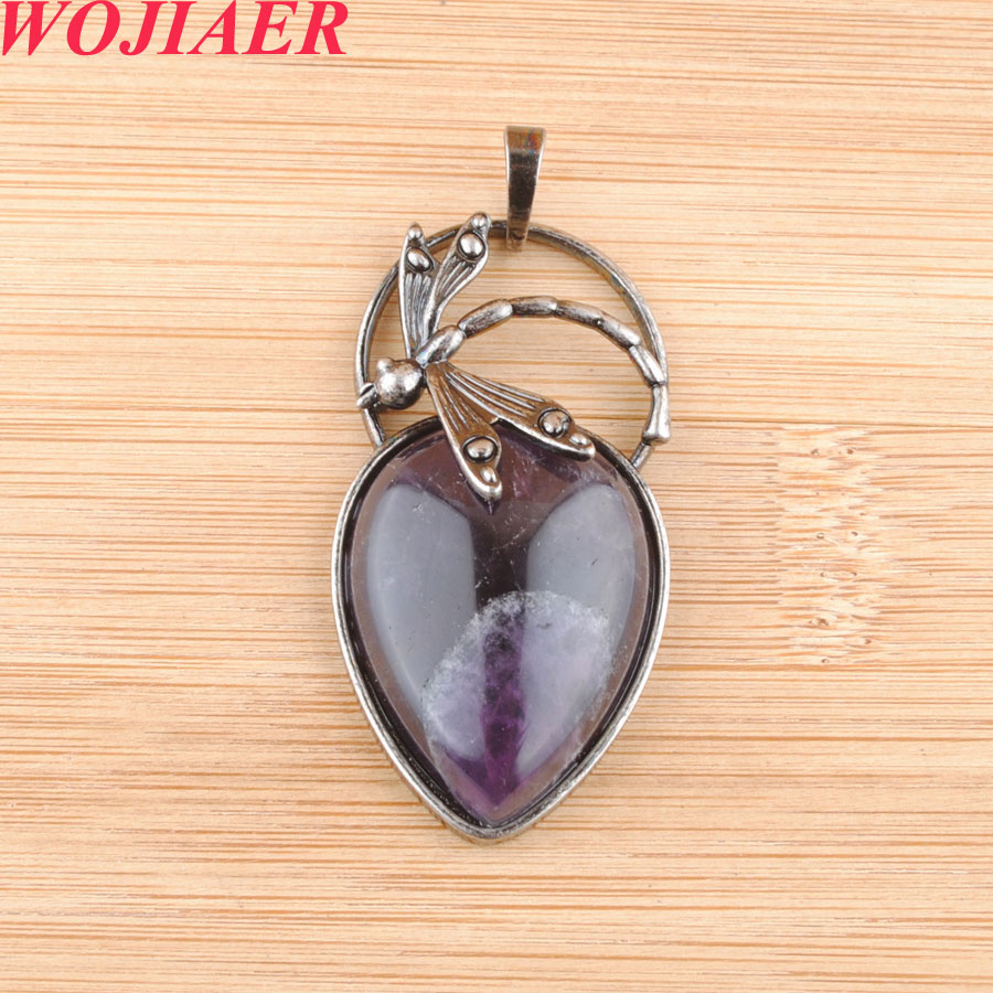 WOJIAER Antique Silver Color Pendant Water Drop Natural Stones Bead Dragonfly Dangle Women Men Charms Jewelry DBO906