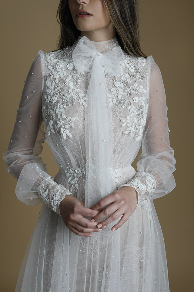 New Liz Martinez Wedding Dresses Elegant High Collar Long Sleeve Lace 3D Floral Appliques Bridal Gowns A Line Wedding Dress