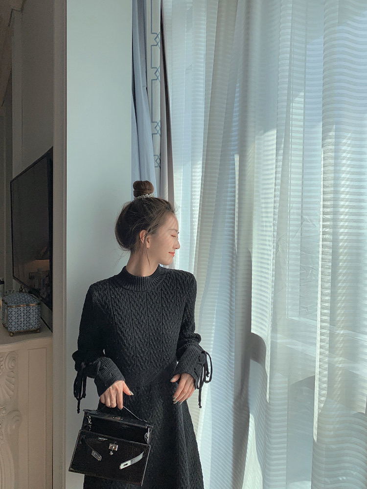 Elegant Korean Lady Office Dress Lace Up Long Sleeve Knitting Sweater Dresses Winter O-neck Mini Vestidoes Female Streetwear 201125