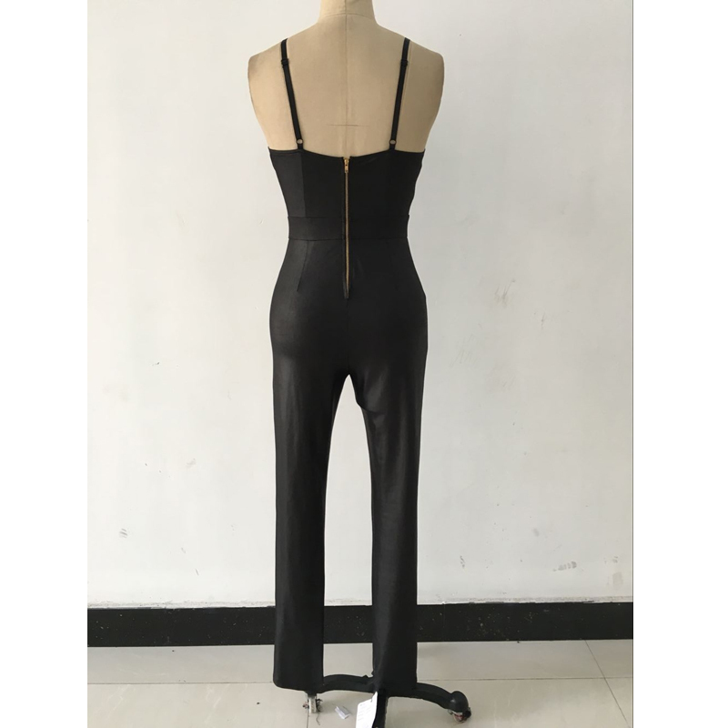 Elegant Skinny Women Faux Leather Jumpsuit 2016 Hot Sale Sexy Deep V Neck Spaghetti Strap Party Rompers Womens Jumpsuit S2408 T200509