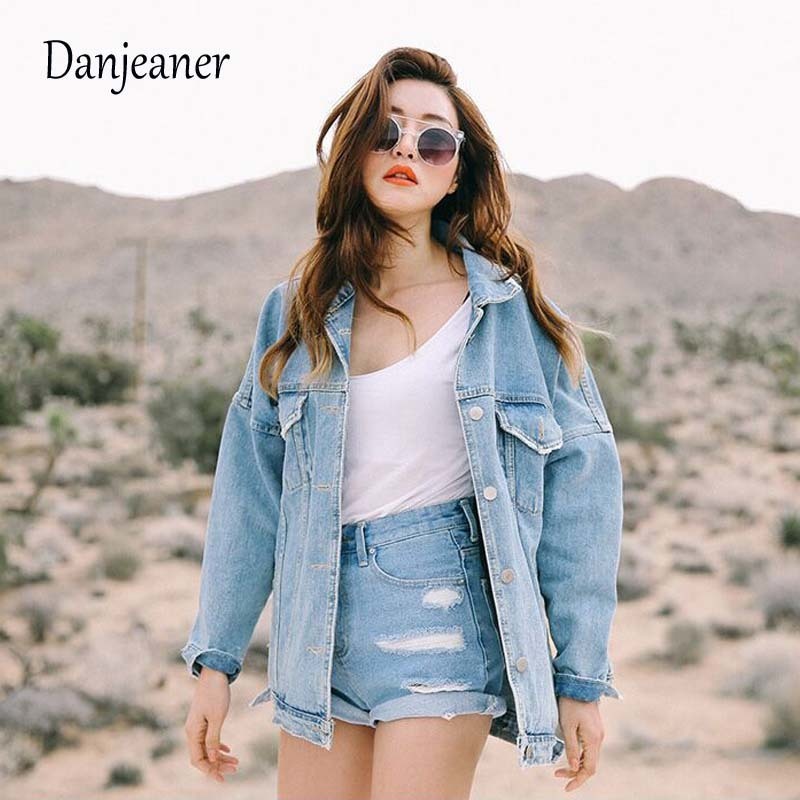 Danjeaner BF Wind Loose Large Size Denim Jacket Female Turn Down Collar Coat Casual Jean Jackets Frayed Pattern Basic Coat T200111