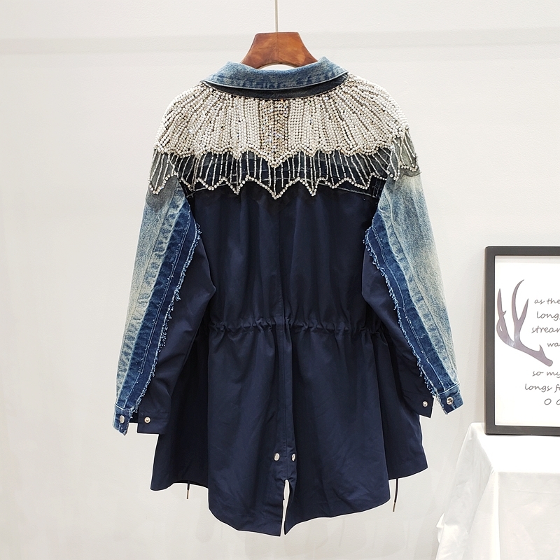 Spring European Patchowrk Industrial Shoulder Diamond Set Beads Cowboy Joint Waist Drawstring Mid-length Trench Coat 201017