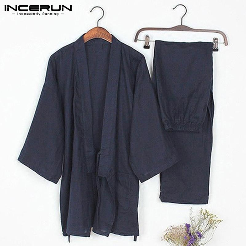 Men's Sleepwear Men Kimono Set Homewear Japanese Style Solid Color Cotton Tops And Pants Pajamas Loose Casual Comfy L-5XL