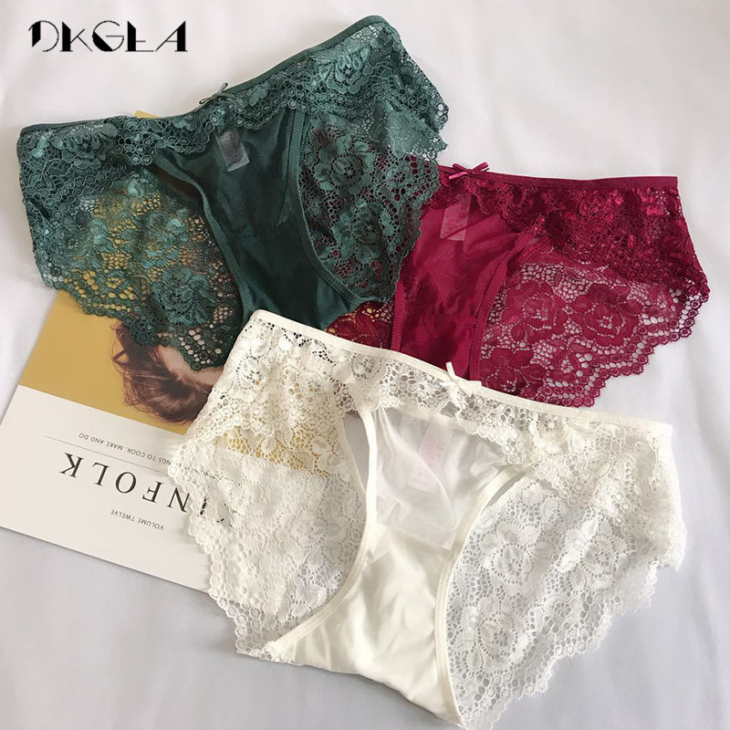 Low-Rise Sexy Panties 3 Piece White+Green+Red Wine Women Underwear Lace Transparent Briefs Hollow Out Embroidery Panty XL L M S 201112