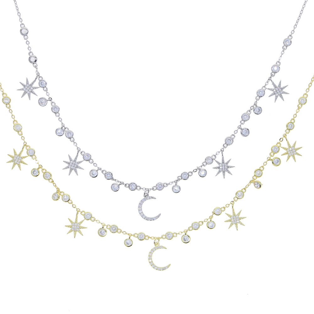 2021 fashion trendy wedding necklace with cz paved geometric star moon dangle charm paved statement station choker necklace for women