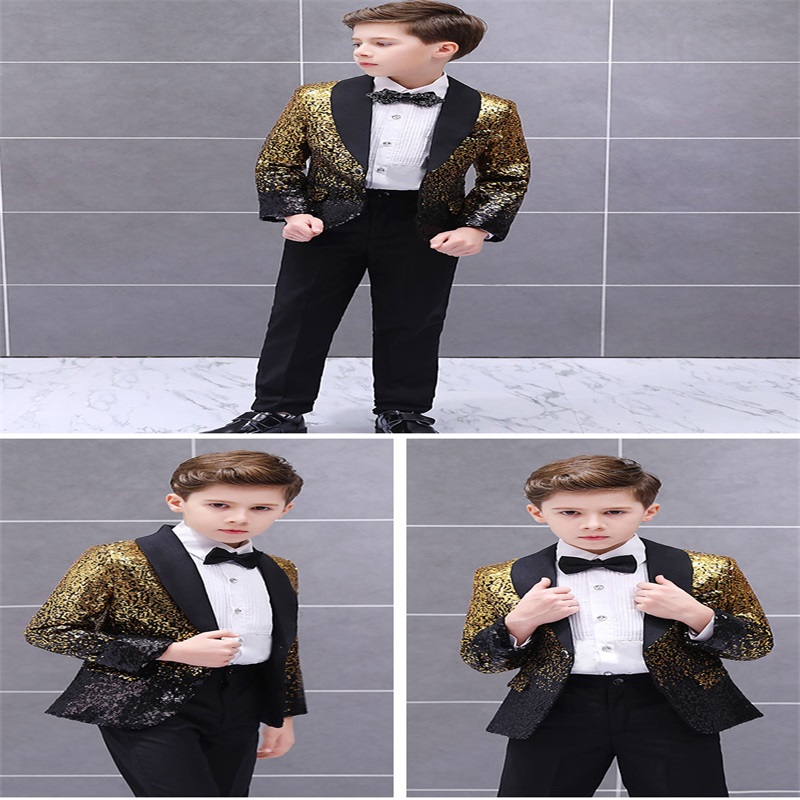 two pieces children suits boys bling gold sequins stage models handsome british fashion style catwalk costumes boy coatpant