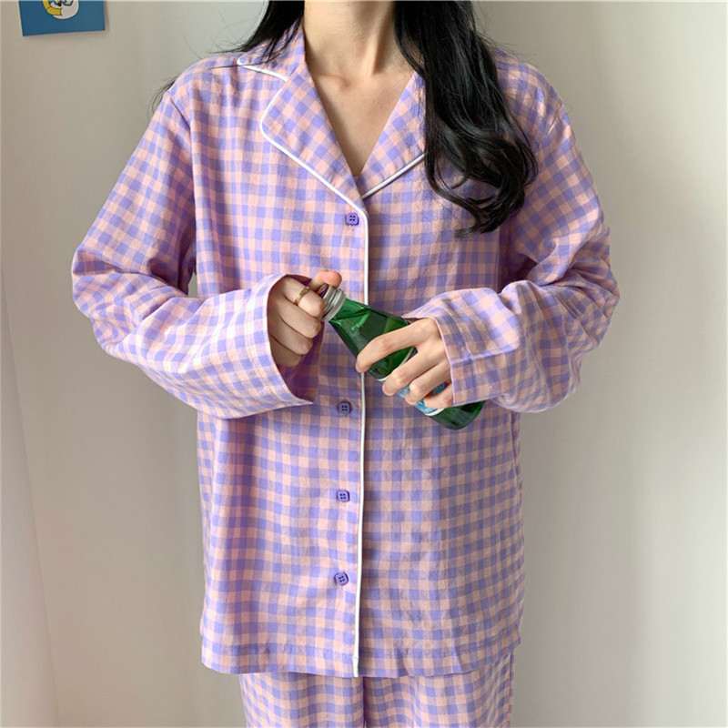 CAIYIER Korean Purple Grid Girls Pajamas Set Cute Winter Long Sleeve Leisure Sleepwear For Women Loose Nightwear Homewear Suit 201113