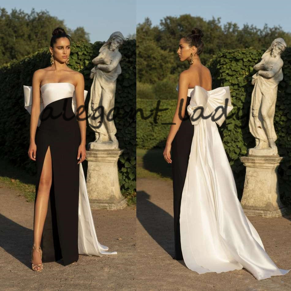 Two Tone Strapless Evening Dresses Ivory And Black Side Split Floor Length red carpet celebrity Prom Party Gowns With Big Bow