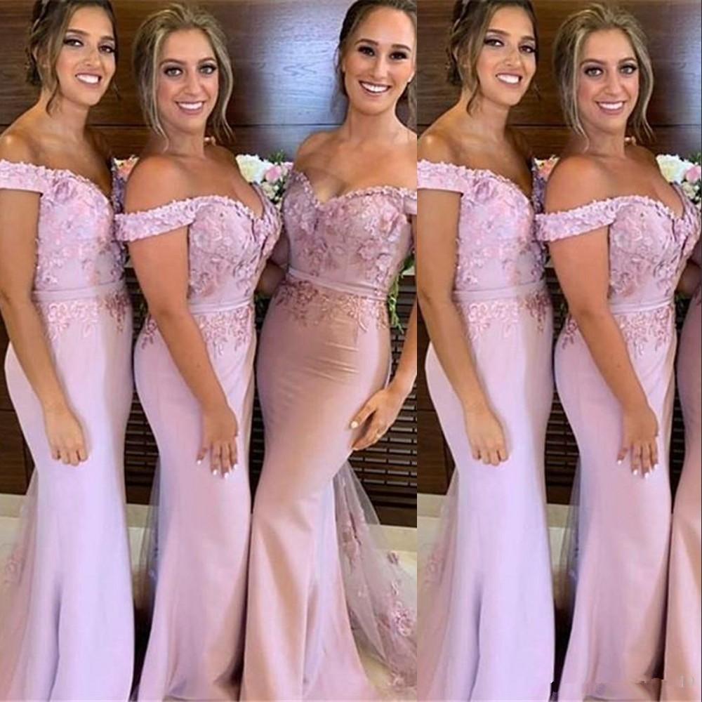 African Pink Bridesmaid Dresses Mermaid Off Shoulder Lace Appliques Flowers Long Floor Length For Wedding Guest Dress Party Gowns L45 0510