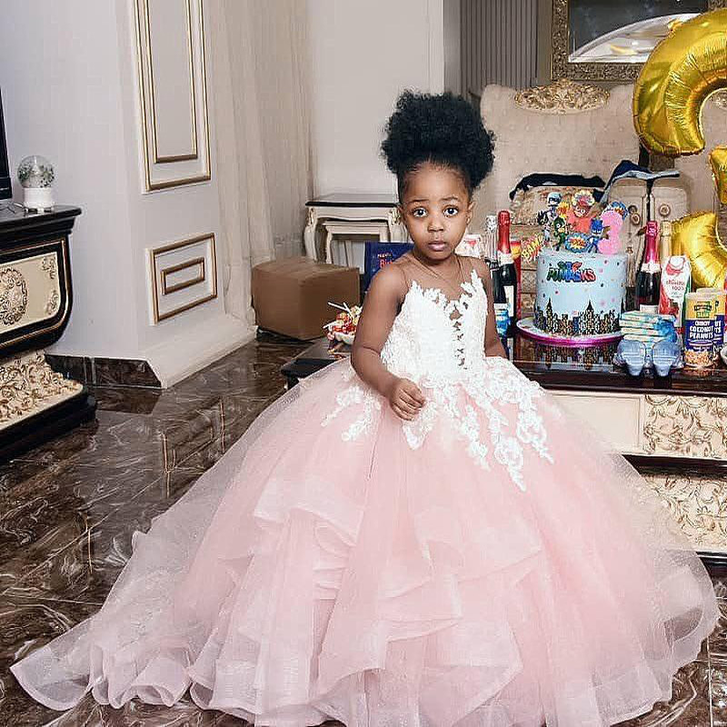 2020 Pink Lace Flower Girl Dresses Sheer Neck Tiers Ball Gown Little Girl Wedding Dresses Cheap Communion Pageant Dresses Gowns