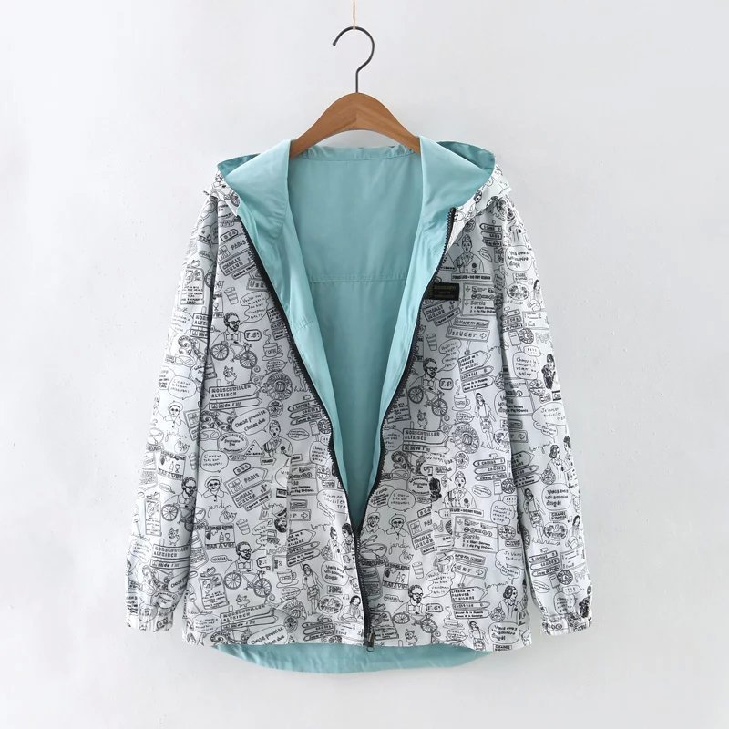 Spring Autumn Women Basic Jacket Coat Two Side Wear Cartoon Print Pocket Zipper Hooded Jackert Windbreaker Outwear Female 201017