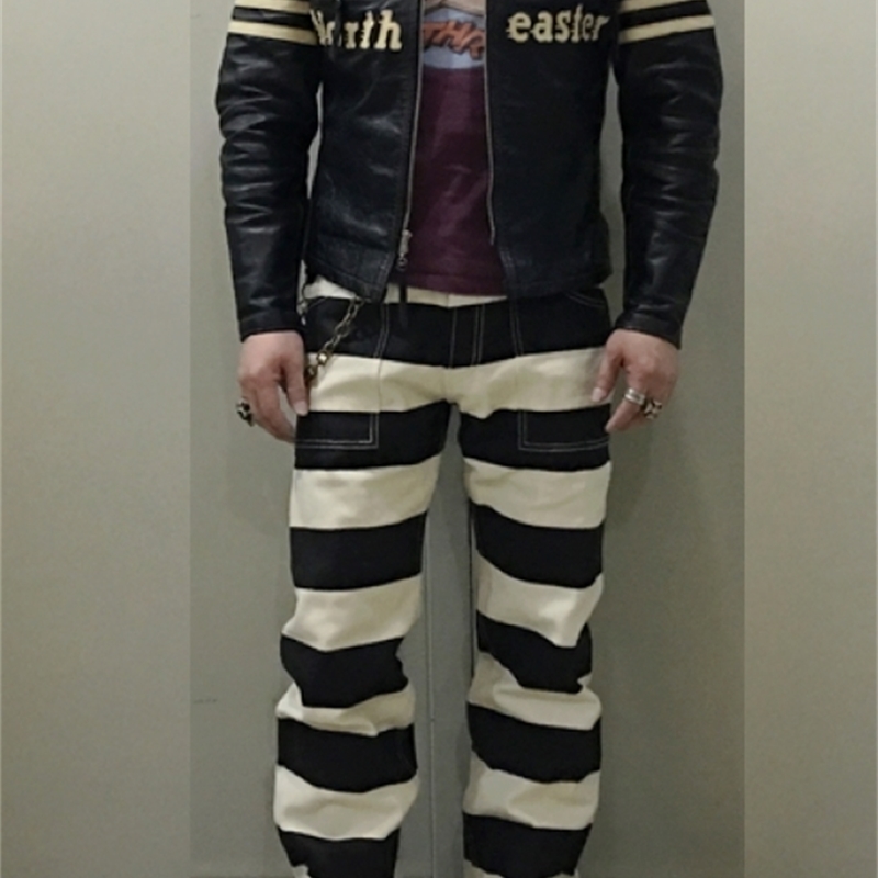 BOB DONG 16oz Prison Pants Multi-Pockets Motorcycle Black White Striped Trousers 201109