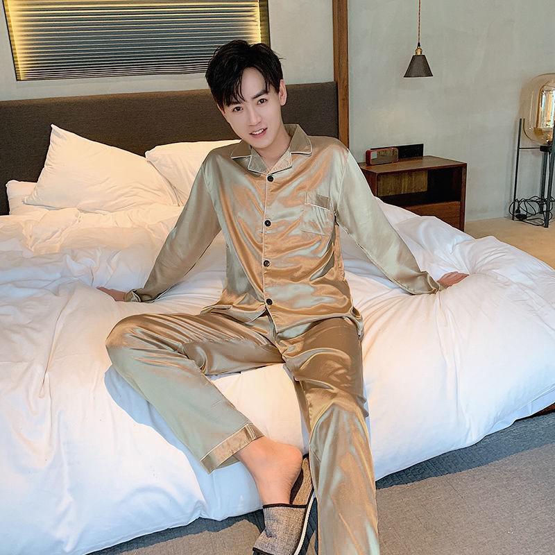 Navy Blue Men Satin Pajamas Set 2pcs Shirt &pants Plus Size Pyjamas Suit Long Sleeve Couple Sleepwear Nightwear 3xl 4xl 5xl